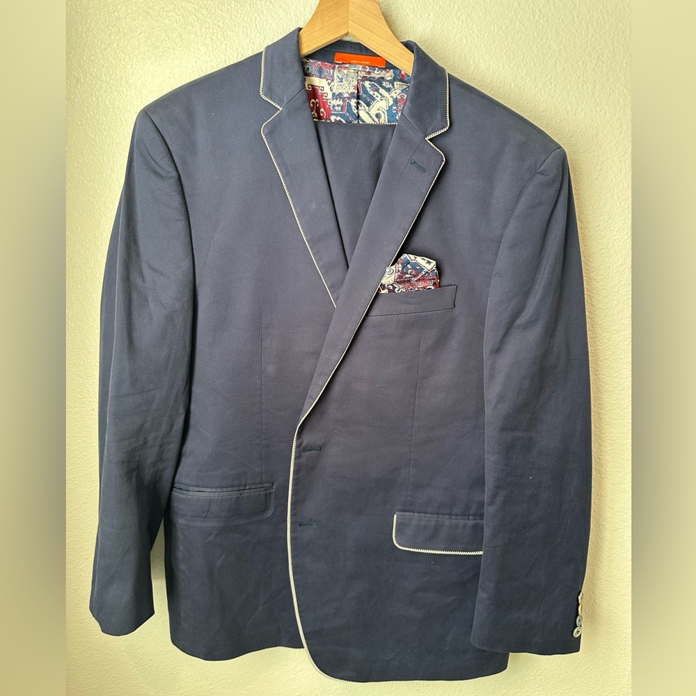 Tallia 46R Suit Navy Cotton Contrast Trim Modern Fit 38x32 Pants